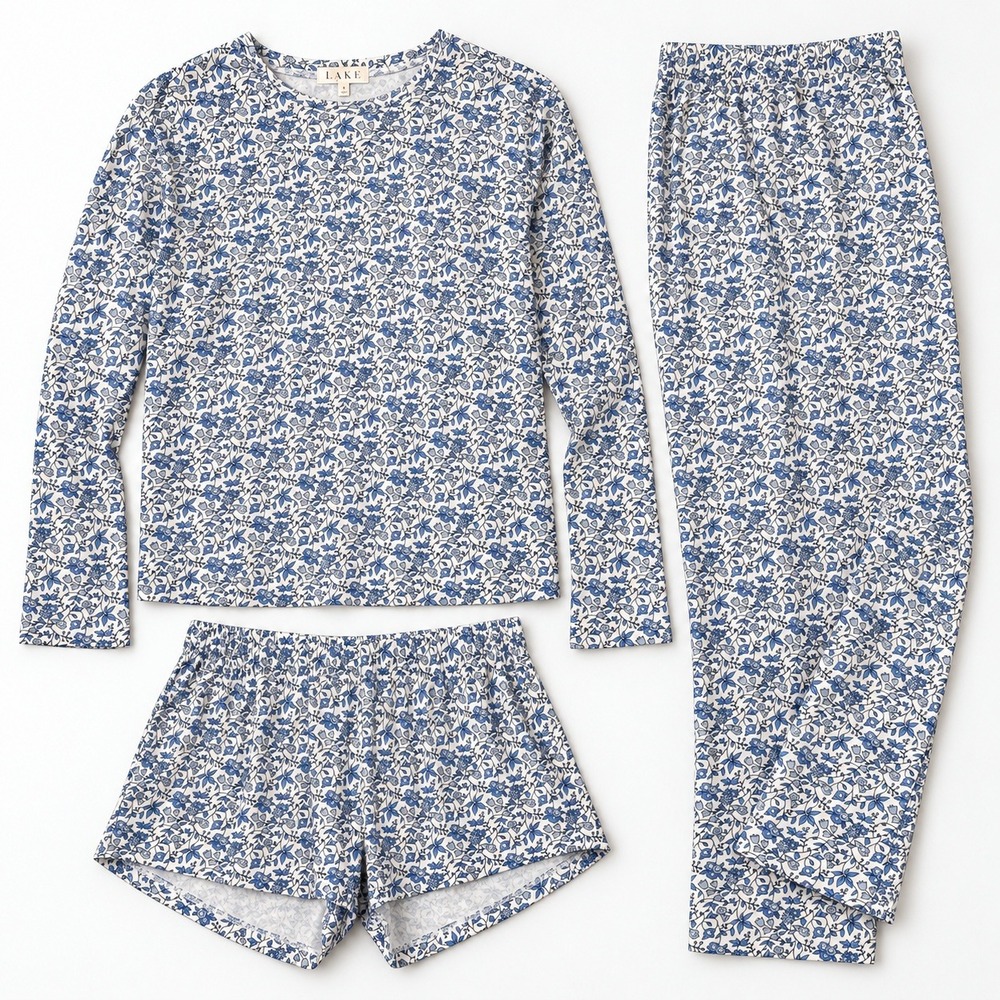 LAKE Pajamas Pima Cotton 3 Piece Set Womens S Blue Floral Pants Shorts